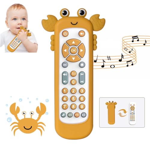 Baby TV Fernbedienung Spielzeug mit weichem Silikon Beißring Nette Krabbenbezug, musikalisches realistisches Remote Spielzeug mit Licht und Ton, 3-Sprache Spielzeug für 6M+ Jungen und Mädchen (Gelb) von KOESMG