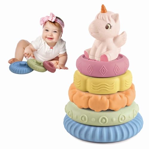 KOESMG Baby Stapeln Nesting Spielzeug, Soft Squeeze Building Circle mit rosa Pferd, Baby Zähne Spielzeug Sensorische frühe pädagogische Spielzeug für 6M+ Neugeborene Kleinkinder von KOESMG