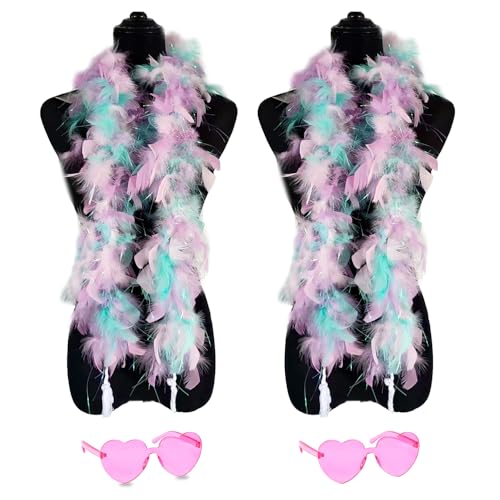 2 x Federboas mit Herz, randlose Sonnenbrille, 1,2 m, Federboa, Halloween, Weihnachten, Junggesellenabschied, Zubehör (rosa gemischt) von KOGMMYSEVP
