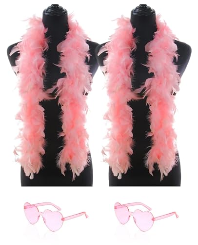 2 x Federboas mit Herz, randlose Sonnenbrille, 1,2 m, Federboa, Halloween, Weihnachten, Junggesellenabschied, Zubehör (rosa gemischt) von KOGMMYSEVP