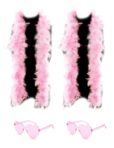 2 x Federboas mit Herz, randlose Sonnenbrille, 1,2 m, Federboa, Halloween, Weihnachten, Junggesellenabschied, Zubehör (rosa gemischt) von KOGMMYSEVP