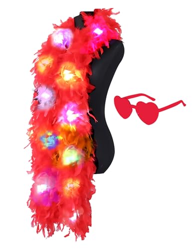 Bunte Federboas, 2 m Boa mit 20 farbigen LED-Lichtern für Damen, zum Tanzen, Hochzeit, Party, Halloween, mit Herz-Sonnenbrille, Rosa Bunte Federboas, 2 m Boa mit 20 farbigen LED-Lichtern für Damen, zum Tanzen, Hochzeit, Party, Halloween, mit Herz-Sonnenbrille, Rosa von KOGMMYSEVP
