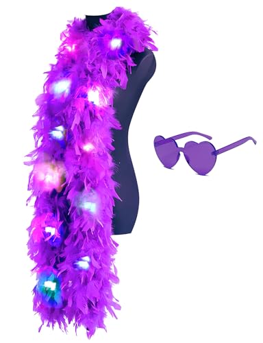 Bunte Federboas, 2 m Boa mit 20 farbigen LED-Lichtern für Damen, zum Tanzen, Hochzeit, Party, Halloween, mit Herz-Sonnenbrille, Rosa Bunte Federboas, 2 m Boa mit 20 farbigen LED-Lichtern für Damen, zum Tanzen, Hochzeit, Party, Halloween, mit Herz-Sonnenbrille, Rosa von KOGMMYSEVP