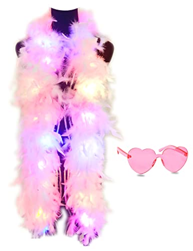 Bunte Federboas, 2 m Boa mit 20 farbigen LED-Lichtern für Damen, zum Tanzen, Hochzeit, Party, Halloween, mit Herz-Sonnenbrille, Rosa Bunte Federboas, 2 m Boa mit 20 farbigen LED-Lichtern für Damen, zum Tanzen, Hochzeit, Party, Halloween, mit Herz-Sonnenbrille, Rosa von KOGMMYSEVP