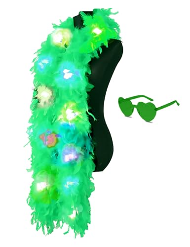 Bunte Federboas, 2 m Boa mit 20 farbigen LED-Lichtern für Damen, zum Tanzen, Hochzeit, Party, Halloween, mit Herz-Sonnenbrille, Rosa von KOGMMYSEVP