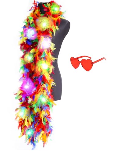 Bunte Federboas, 2 m Boa mit 20 farbigen LED-Lichtern für Damen, zum Tanzen, Hochzeit, Party, Halloween, mit Herz-Sonnenbrille, Rosa Bunte Federboas, 2 m Boa mit 20 farbigen LED-Lichtern für Damen, zum Tanzen, Hochzeit, Party, Halloween, mit Herz-Sonnenbrille, Rosa von KOGMMYSEVP