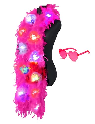 Bunte Federboas, 2 m Boa mit 20 farbigen LED-Lichtern für Damen, zum Tanzen, Hochzeit, Party, Halloween, mit Herz-Sonnenbrille, Rosa von KOGMMYSEVP