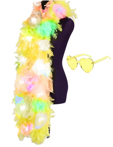Bunte Federboas, 2 m Boa mit 20 farbigen LED-Lichtern für Damen, zum Tanzen, Hochzeit, Party, Halloween, mit Herz-Sonnenbrille, Rosa Bunte Federboas, 2 m Boa mit 20 farbigen LED-Lichtern für Damen, zum Tanzen, Hochzeit, Party, Halloween, mit Herz-Sonnenbrille, Rosa von KOGMMYSEVP
