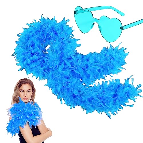 Dunkelblaue Federboa für Damen und Mädchen, 80 g, natürliche Truthahnfederboas und Herz-Sonnenbrille, Verkleidung für Erwachsene, Kinder, flauschiger Federschal für Tanzen, Junggesellinnenabschied von KOGMMYSEVP
