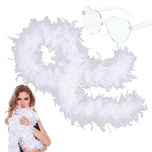 Dunkelblaue Federboa für Damen und Mädchen, 80 g, natürliche Truthahnfederboas und Herz-Sonnenbrille, Verkleidung für Erwachsene, Kinder, flauschiger Federschal für Tanzen, Junggesellinnenabschied von KOGMMYSEVP
