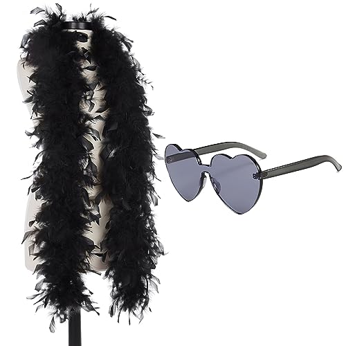 Federboa, 2 m Federboas und Sonnenbrille für Frauen für Tanzen, Hochzeit, Party, Cosplay, Halloween, mit Herz-Sonnenbrille, 2 Stück (schwarz) von KOGMMYSEVP