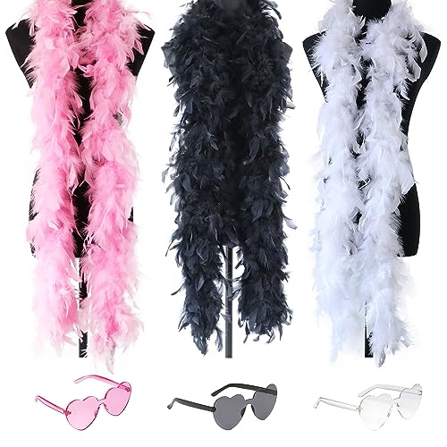 Federboas Multipack, 3 bunte Federboas mit 3 herzförmigen Sonnenbrillen, Verkleidung für Frauen, Tanzen, Hochzeit, Party, Cosplay, Halloween (Rosa, Weiß, Schwarz) von KOGMMYSEVP