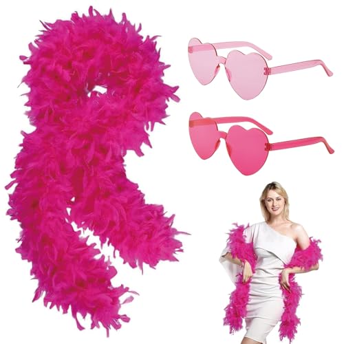 Rosa Federboa, Federboa mit 2 Stück herzförmigen randlosen Sonnenbrillen, 2 m, rosa, lose gefiederte, natürliche Truthahnfedern, Kostüm, Federschal für Karneval, Halloween, Cosplay, Party (Rosa) von KOGMMYSEVP