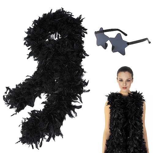 Weiße Federboa und Stern-Sonnenbrille, 2 m, 80 g dick, natürliche Truthahn-Federboas, Kostüm-Handwerk, bunte Federboas für Frauen, Mädchen, Tanzen, Hochzeit, Weihnachten, Party, Cosplay-Zubehör von KOGMMYSEVP