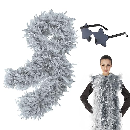Weiße Federboa und Stern-Sonnenbrille, 2 m, 80 g dick, natürliche Truthahn-Federboas, Kostüm-Handwerk, bunte Federboas für Frauen, Mädchen, Tanzen, Hochzeit, Weihnachten, Party, Cosplay-Zubehör Weiße Federboa und Stern-Sonnenbrille, 2 m, 80 g dick, natürliche Truthahn-Federboas, Kostüm-Handwerk, bunte Federboas für Frauen, Mädchen, Tanzen, Hochzeit, Weihnachten, Party, Cosplay-Zubehör von KOGMMYSEVP