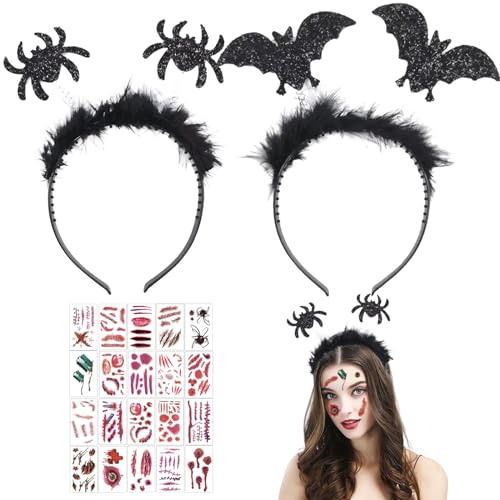 Halloween Fledermaus Haarreif, Vampir Haarreifen mit Fledermaus Augenmaske, Vampires Headwear, Halloween Kostüm Accessoire mit Gesichtstattoos, Fledermaus Tattoo für Halloween Party Kostüm (A) von KOIROI