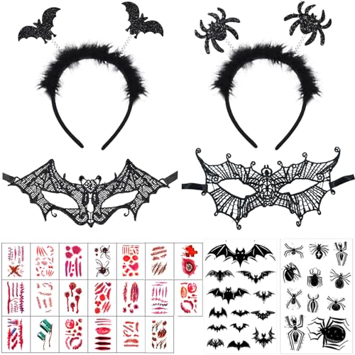 2STK Halloween Haarreif Set, Halloween Kostüm Vampir Haarreifen, Halloween Fledermaus Haarreif mit Spitzenmaske+Halloween Tattoos+Fledermaus Tattoo für Halloween Party Kostüm von KOIROI