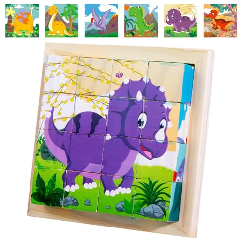 Bilderwürfel Holz, 3D Würfelpuzzle Puzzlespiele, 6 in 1 Dinosaurier Motive mit 16 Würfel, Holzpuzzle Montessori Spielzeug für Kinder ab1 2 3 4 Jahren von KOIROI