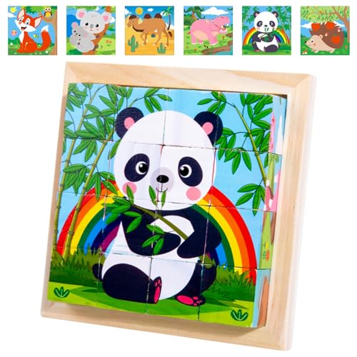 Bilderwürfel Holz, 3D Würfelpuzzle Puzzlespiele, 6 in 1 Tier Motive mit 16 Würfel, Holzpuzzle Montessori Spielzeug für Kinder ab1 2 3 4 Jahren von KOIROI