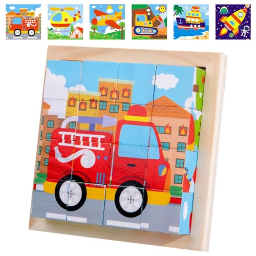 Bilderwürfel Holz, 3D Würfelpuzzle Puzzlespiele, 6 in 1 Verkehrsmittel Motive mit 16 Würfel, Holzpuzzle Montessori Spielzeug für Kinder ab1 2 3 4 Jahren von KOIROI