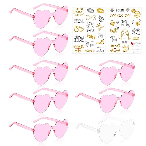 KOIROI Bride Herz Brille, 8 Stück Partybrille Herz Sonnenbrille, 1 Braut+7 Team Braut Brille+2 Team Bride Tattoo Aufkleber, JGA Accessoires, JGA Partybrillen Set für Hochzeit Bachelorette Party von KOIROI