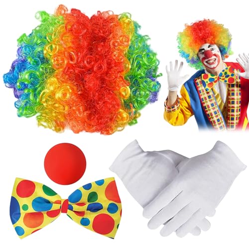 Clown Kostüm, 4 Stück Clown Kostüm Accessoire, Clown Perücke+Clown Nase+Bunte Krawatte+Handschuhe, Fasching Karneval Kostüme für Kinder Frauen Männer Karneval Cosplay Zirkus Party Requisiten von KOIROI