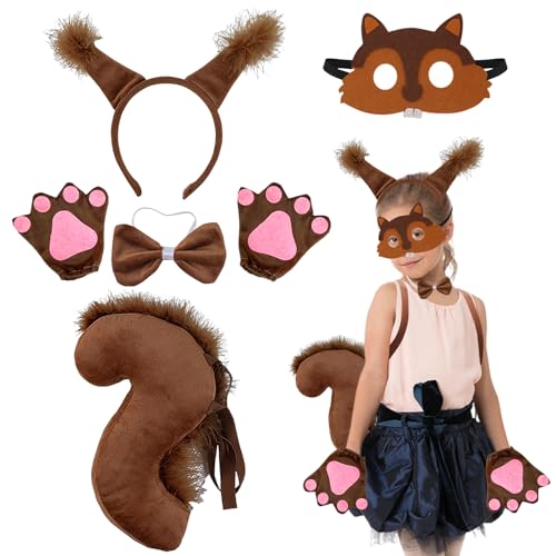 Eichhörnchen Kostüm Kinder, 5 Stück Tier Eichhörnchen Kostüm Set, Eichhörnchen Ohren Schwanz Set mit Eichhörnchen Stirnband Masken, Tierkostüm Kinder für Cosplay Fasching Karneval Kostüm Party Eichhörnchen Kostüm Kinder, 5 Stück Tier Eichhörnchen Kostüm Set, Eichhörnchen Ohren Schwanz Set mit Eichhörnchen Stirnband Masken, Tierkostüm Kinder für Cosplay Fasching Karneval Kostüm Party von KOIROI