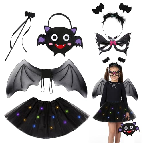 Fledermaus Kostüm Mädchen, Fledermaus Kostüm Kinder mit Fledermaus Flügel LED Leuchtendes Tutu Rock Haarreif Zauberstab Vampir Fledermaus Kostüm, Halloween Kostüm Kinder Fledermaus Cosplay (Schwarz) von KOIROI