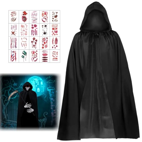 Halloween Kostüm Set, 90/120/140cm Halloween Umhang mit Kapuze, Schwarzer Umhang mit Kapuze mit 20 Halloween Tattoos Aufkleber, Vampir Kostüm Cape Kostüm für Halloween Party Dekoration Cosplay von KOIROI