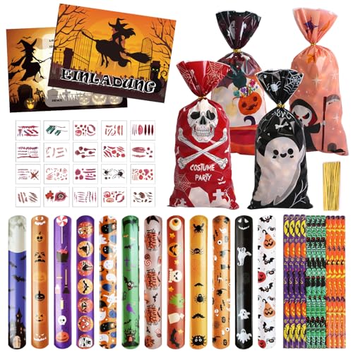 Halloween Mitgebsel Kinder, 80 Stück Halloween Party Mitgebsel, Halloween Party Spielzeug, Bleistifte/Geschenk Tüten/Slap Armbänder/Einladungskarten/Halloween Stempel/Temporäre Tattoos von KOIROI