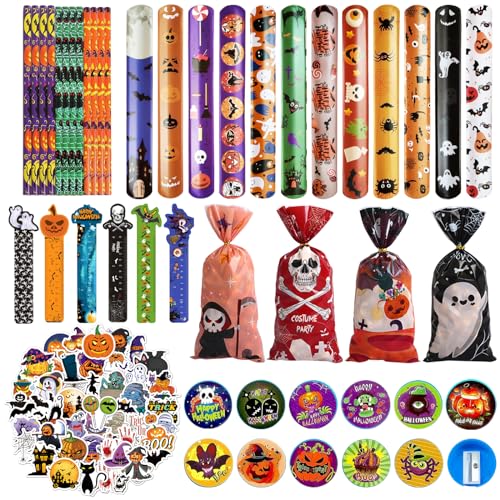 Halloween Schreibwaren Set, 110 Stück Halloween Mitgebsel Kinder, Halloween Deko Kinder Party Mitgebsel, Bleistifte/Bleistiftanspitzer/Lineale/Schnapparmband/Halloween Süßigkeiten Tüten/Aufkleber von KOIROI