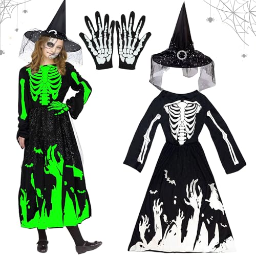 Hexenkostüm Mädchen, Hexenkostüm Kinder, Hexen Kostüm für Mädchen Kinder, Leuchtend Halloween Skelett Kostüm Kinder Mädchen mit Hexenhut und Handschuhe für Halloween Karnevals Cosplay Party Hexenkostüm Mädchen, Hexenkostüm Kinder, Hexen Kostüm für Mädchen Kinder, Leuchtend Halloween Skelett Kostüm Kinder Mädchen mit Hexenhut und Handschuhe für Halloween Karnevals Cosplay Party von KOIROI