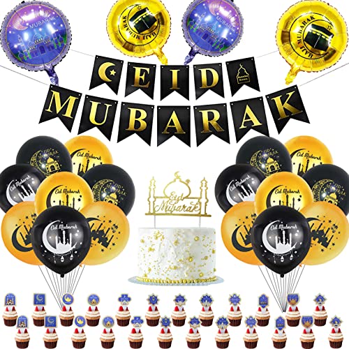 KOIROI Eid Mubarak Ramadan Feier Dekoration, 46 Stücke Ramadan deko, Eid Mubarak Ramadan Feier Dekoration Latex Ballons zum Aufhängen Banner Sterne Mond Banner Aufhängen zum Eid Mubarak Party von KOIROI