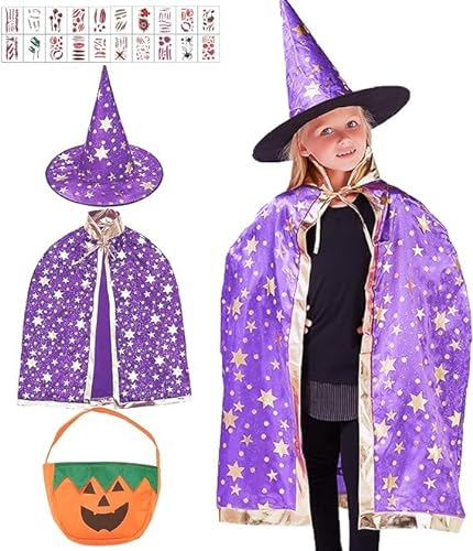 Kinder Halloween Kostüm, Halloween Zauberer Kostüm, Zauberer Kostüm Kinder, Halloween Hexe Zauberer Umhang mit Hut, Wizard Cape Witch Umhang für Kinder Junge Mädchen Cosplay Party von KOIROI
