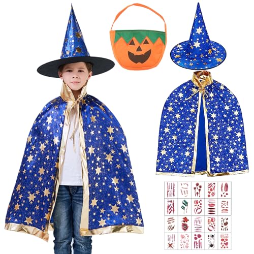 Kinder Halloween Kostüm, Halloween Zauberer Kostüm, Zauberer Kostüm Kinder, Halloween Hexe Zauberer Umhang mit Hut, Wizard Cape Witch Umhang für Kinder Junge Mädchen Cosplay Party von KOIROI