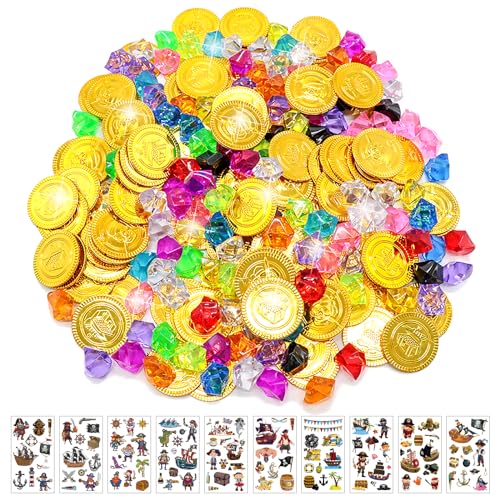 Goldmünzen Piratenschatz, 160 Stück Goldmünzen Edelsteine Kinder, 50 Gold Münzen Spielgeld+100 Edelsteine für Kinder+10 Piraten Aufkleber für Piraten Kindergeburtstag, Schatzkiste Kindergeburtstag von KOIROI
