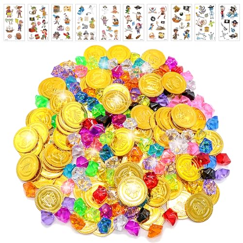 Goldmünzen Piratenschatz, 310 Stück Goldmünzen Edelsteine Kinder, 100 Gold Münzen Spielgeld+200 Edelsteine für Kinder+10 Piraten Aufkleber für Piraten Kindergeburtstag, Schatzkiste Kindergeburtstag von KOIROI
