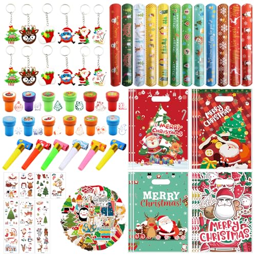 Weihnachten Party Mitgebsel, 120 Stück Weihnachtsgeschenke für Kinder-Weihnachten Geschenktüten, Tattoo, Weihnachtsaufkleber, Stempel Weihnachten, Schlüsselanhänger, Schlagarmbänder, Partypfeifen von KOIROI