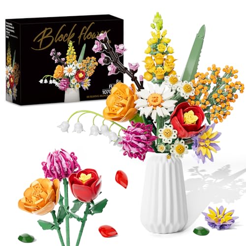 KOJAYHOL Blumenstrauß Bausatz, 1070 Stück Blumen Bauspielzeugset 10 Künstliche Blumen für Flowers, Botanical Kollektion Bauklötze, Geschenke zum Muttertag, Geburtstag, Muttertag, Vase Nicht Enthalten von KOJAYHOL
