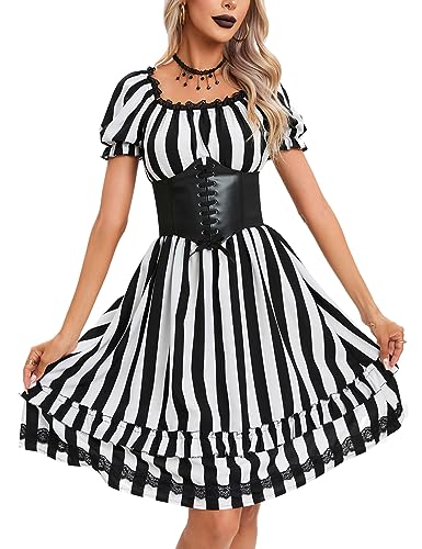 KOJOOIN Damen Renaissance Kostüm Gothic Kleid Mittelalterkleider Vintage Gotische Abendkleid mit Korsett Schwarz und Weiß XL von KOJOOIN