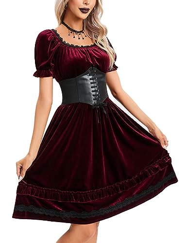 KOJOOIN Damen Renaissance Kostüm Gothic Kleid Mittelalterkleider Vintage Gotische Abendkleid mit Korsett Weinrot XXL von KOJOOIN