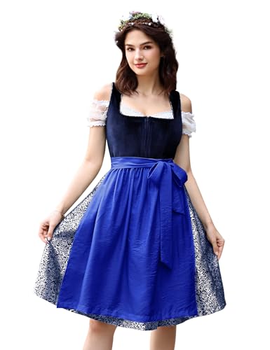 KOJOOIN Damen Oktoberfest Kostüme 3 Stück Samt Traditionell Bayerisches Vintage Deutsches Dirndl Kleid für Mottoparty, Marineblau, M von KOJOOIN