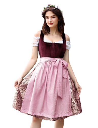 KOJOOIN Damen Oktoberfest Kostüme 3 Stück Samt Traditionell Bayerisches Vintage Deutsches Dirndl Kleid für Mottoparty, Rot/Ausflug, einfarbig (Getaway Solids), S von KOJOOIN