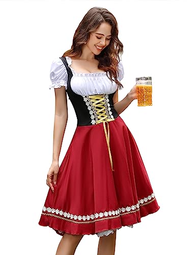 KOJOOIN Damen Oktoberfest Kostüme Deutsches Dirndlkleid Trachtenkleid Bayerisch Biergarten Karneval Kleider, Gefälschte Drei Stücke Schwarz Rot, XL von KOJOOIN