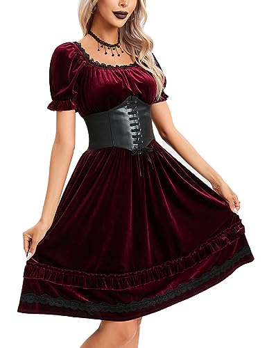 KOJOOIN Damen Weihnachten Kostüm Gothic Kleid Mittelalterkleider Vintage Gotische Abendkleid mit Korsett (Verpackung MEHRWEG) Weinrot M von KOJOOIN