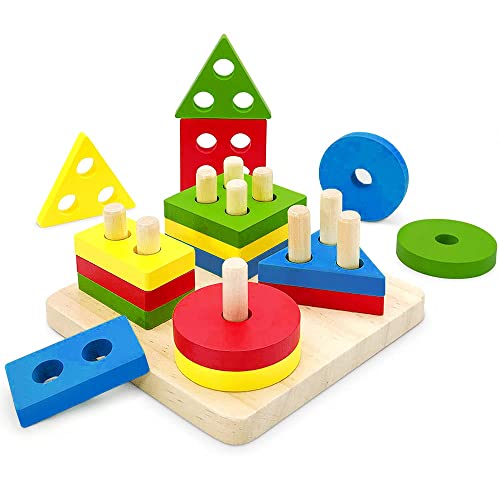 Formen zum Sortieren und Stapeln Sortierspiel Holzpuzzle Lernspielzeug Geometrische Blockformen Farben und Formen für Kinder Entwicklungsspielzeug für 2 3 4+ Jahre von KOKOBOX