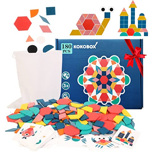 Puzzle 180 Teile Holzpuzzles Tangram Geometrische Puzzle Montessori Spielzeug Lernspielzeug Für Kinder Mädchen und Jungen ab 3 4 5 Jahr mit 24 Design Karten Pädagogisches Geschenk für Kinder von KOKOBOX