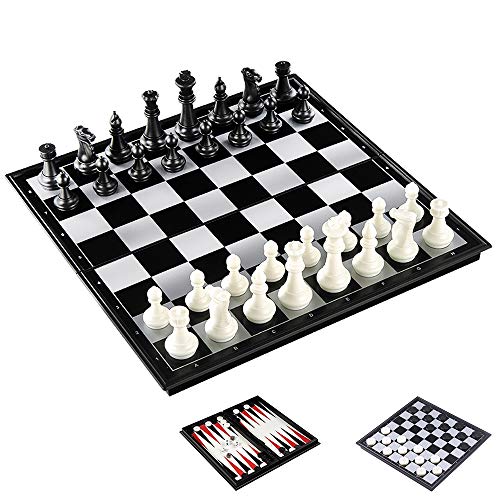 KOKOSUN 3-in-1 Schachspiel, Schach/Dame/Backgammon Set, Magnetisch Faltbares Schachbrett, Lernspielzeug/Geschenk für Kinder und Erwachsene (32×32cm) von KOKOSUN