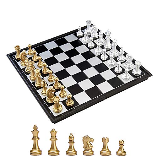 KOKOSUN Schachspiel Gold und Silber Schachfiguren, Magnetisch Faltbares Schachbrett Bequeme Aufbewahrung, Lernspielzeug/Geschenk für Kinder und Erwachsene (32×32cm) von KOKOSUN