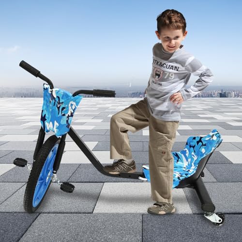Pedal-Gokart für Kinder, 360° Drift Trike 3-Rad-Fahrrad Pedal Dreirad Niedrig Positioniert Trike Rahmen mit Verstellbarem Sitz für Jungen und Mädchen 220lbs (Blau Camouflage) von KOLHGNSE